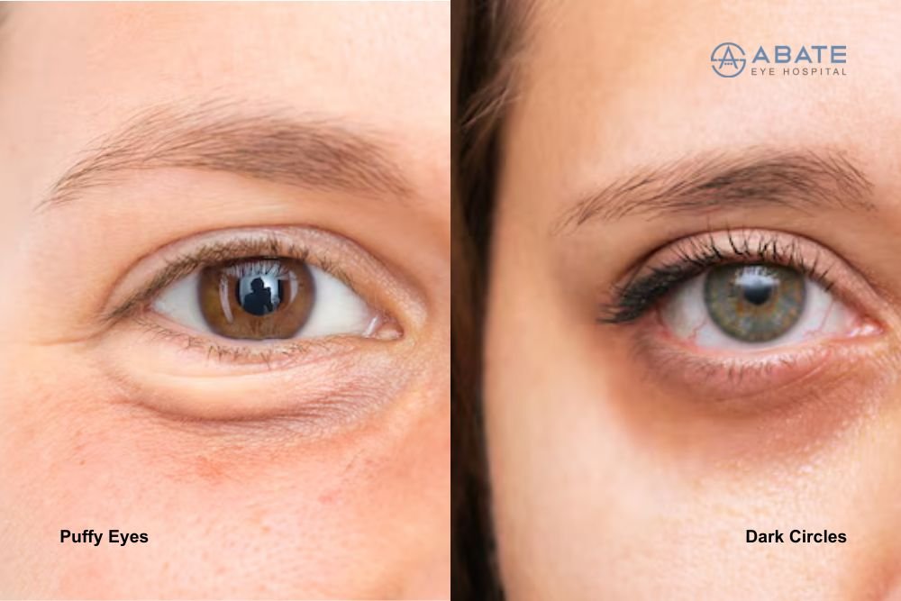 comparison image of puffy eyes vs dark circles