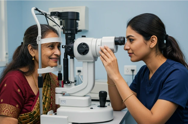 Eye doctor examines cataract patient for treatment in Calicut