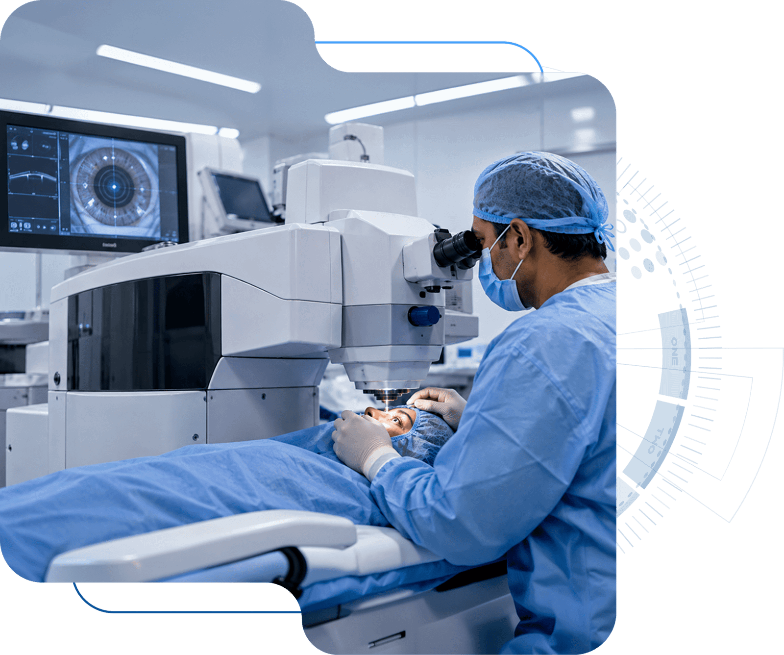 Doctor examining patient's eye with personalized healing experience badge