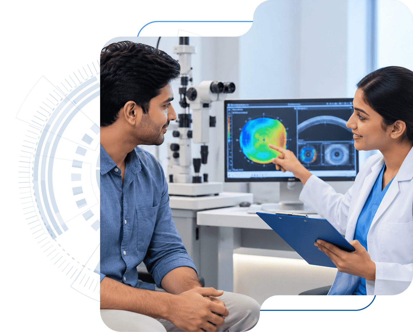 Doctor examining patient's eye during LASIK suitability evaluation