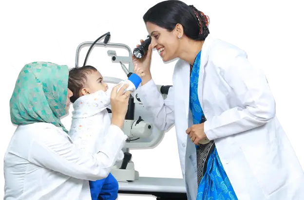 Doctor examining patient's eye using medical instrument